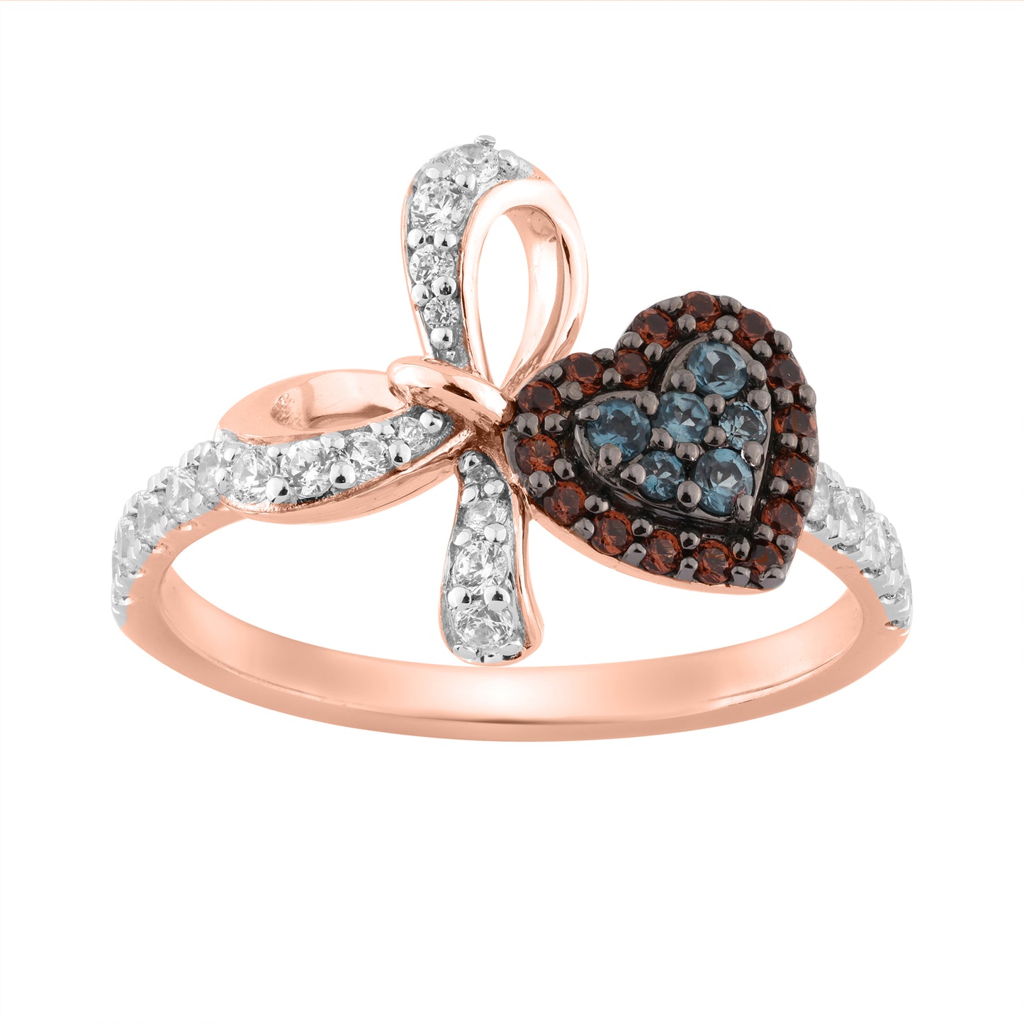 Women’S 14K Rose Gold Round Diamond Ring 0.50Ct Blue & Dark Brown With Heart-Shaped Cluster