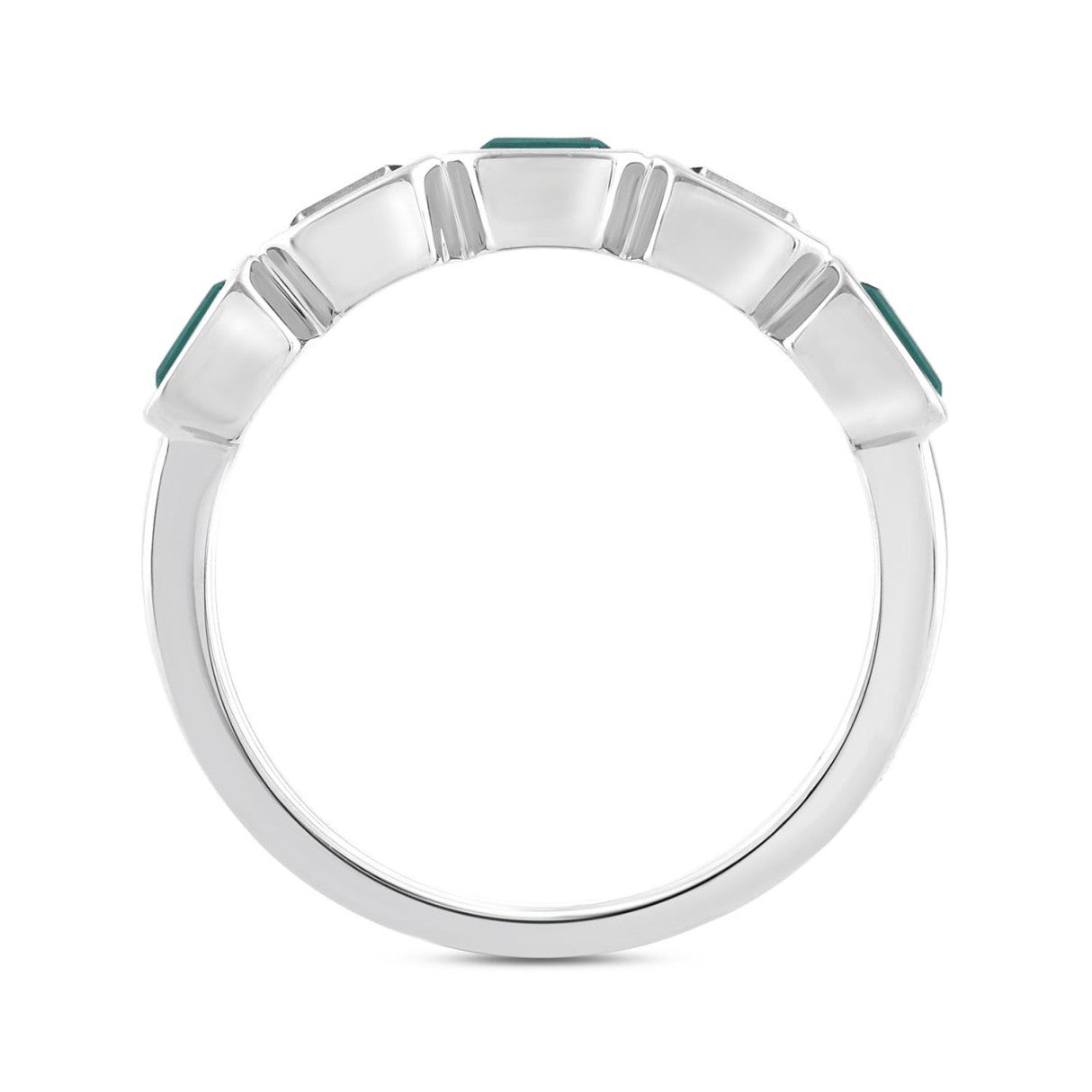 14K White Gold 1.00 CT Green Emerald & White Diamond Alternating Band Ring