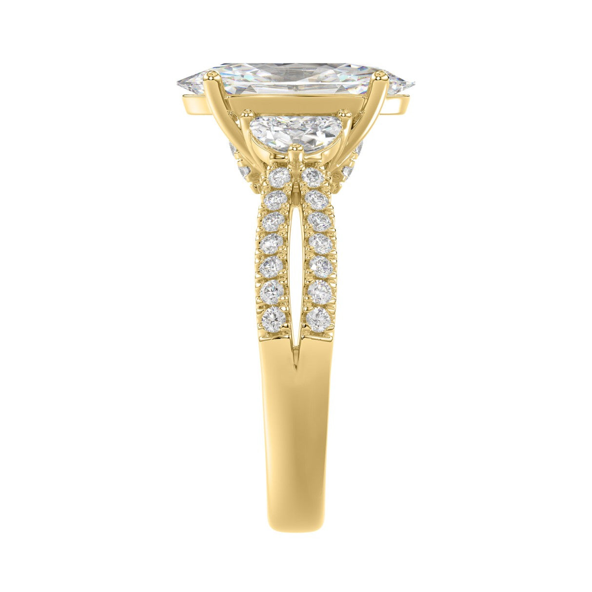 Ladies 14K Yellow Gold ladies Ring Featuring Round, Half-Moon & Baguette Diamonds 3.00CT Oval Center stone (Color F-G -Clarity VS1/VS2)