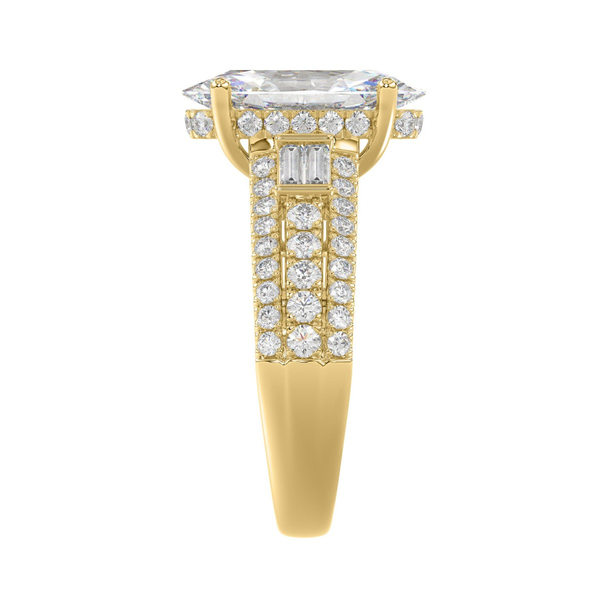 Classic 14K Yellow Gold Ladies Diamond Ring 4.00CT Round Oval & Baguette Diamonds with 3.00CT Oval Center stone (Color F-G -Clarity VS1/VS2)