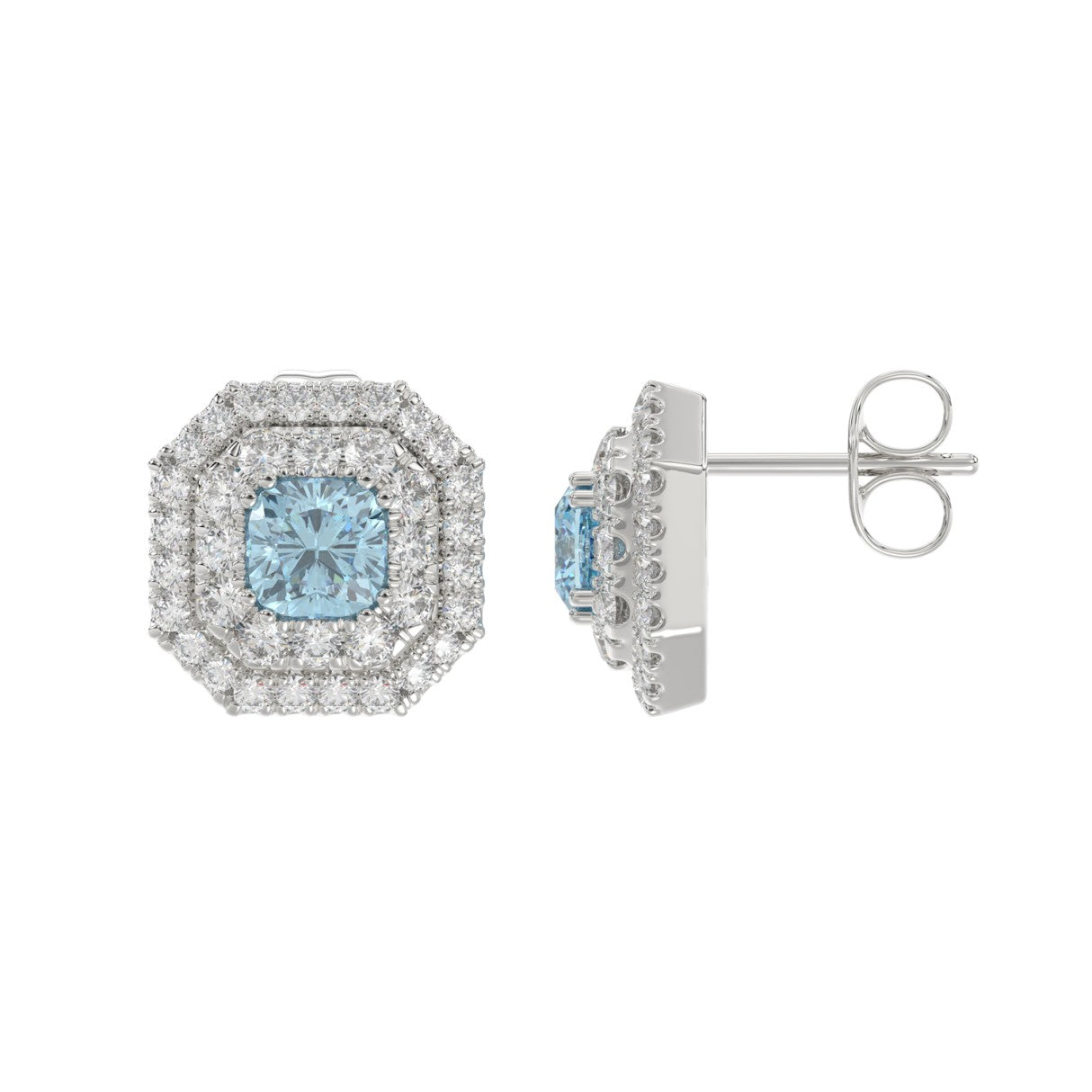 14K WHITE GOLD 1 1/2CT ROUND/BLUE CUSHION DIAMOND LADIES EARRING