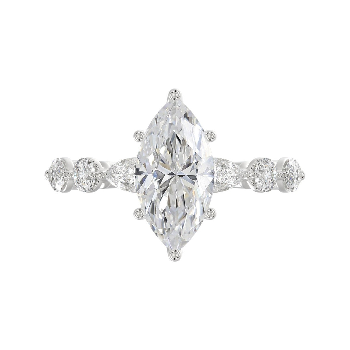 14K White Gold Bridal Fashion Ring for Ladies 4CT Round & Marquise& Pear Cut Diamonds 3.00CT Marquise Center stone (Color F-G -Clarity VS1/VS2)