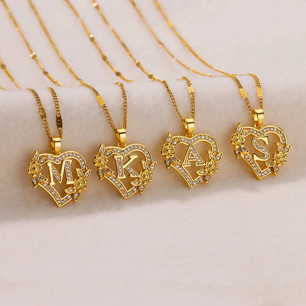 Zircon Flower Heart Initials Necklace