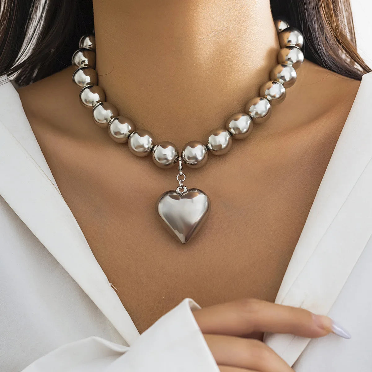 Big Beaded Chain Necklace with Heart Pendant