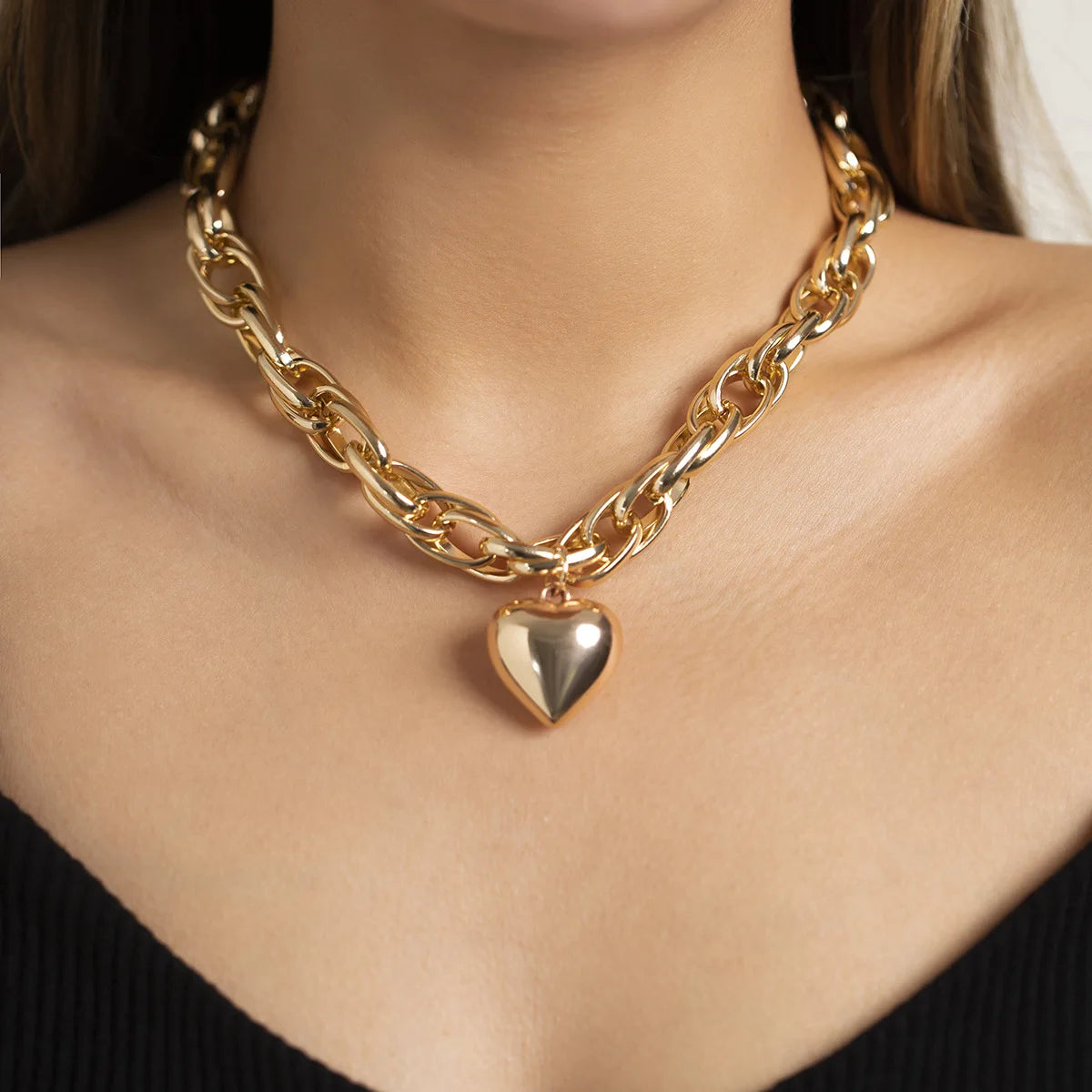 Big Beaded Chain Necklace with Heart Pendant