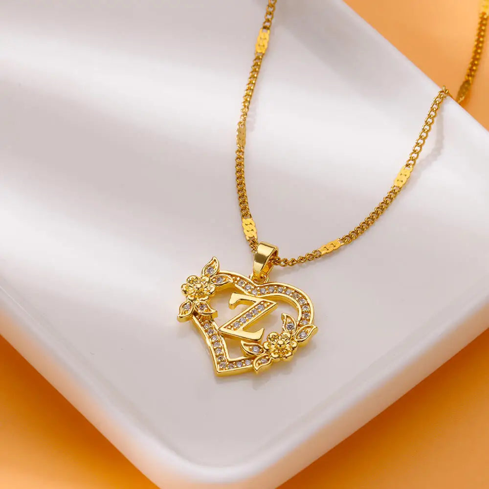 Zircon Flower Heart Initials Necklace