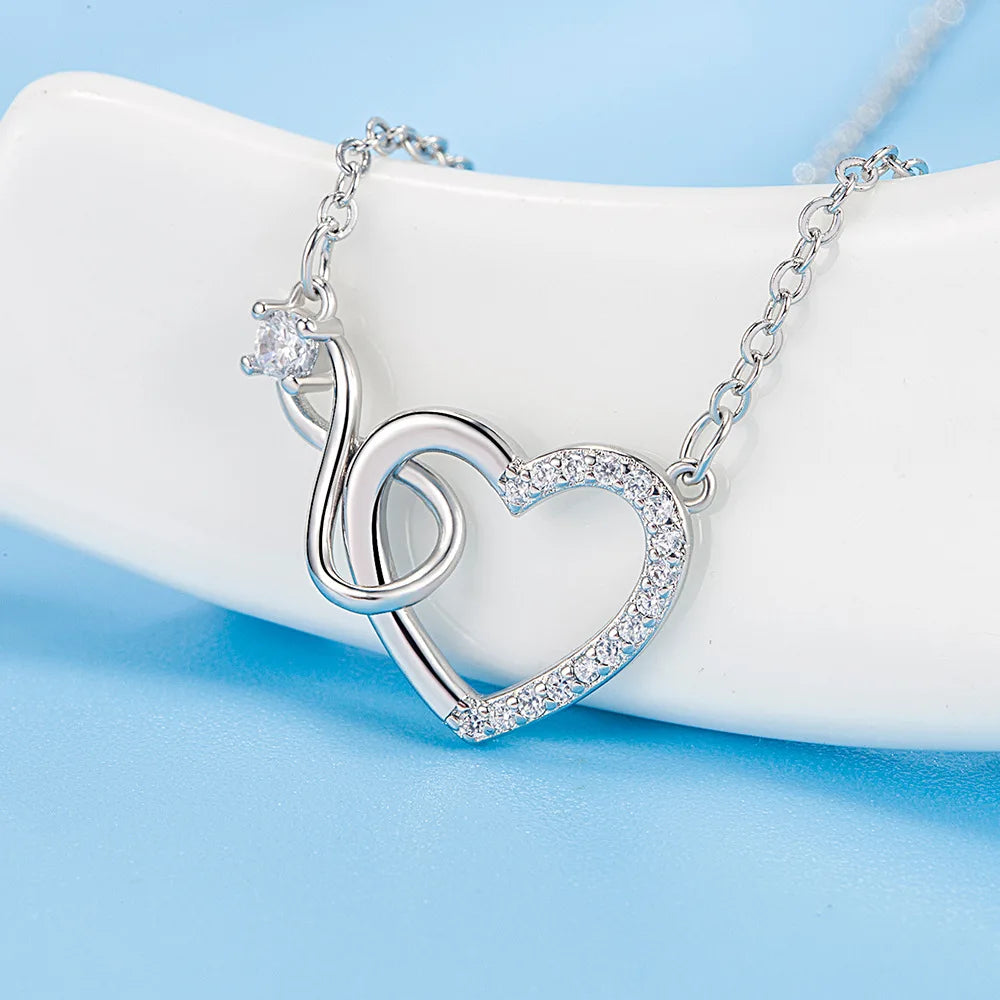 925 Sterling Silver Zircon Heart Interlocking Necklaces