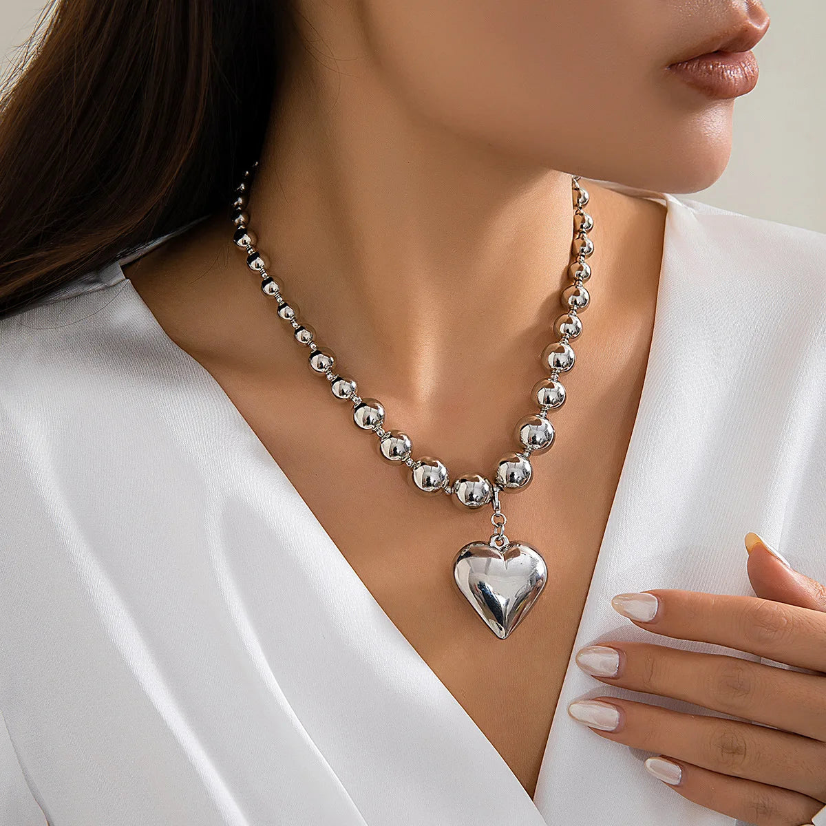 Big Beaded Chain Necklace with Heart Pendant