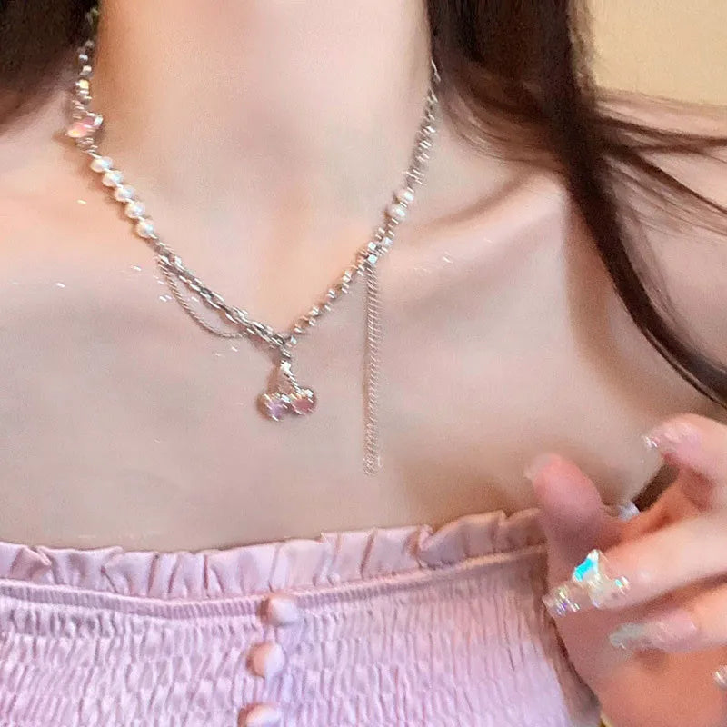Pink Crystal Cherry Pendant Necklace