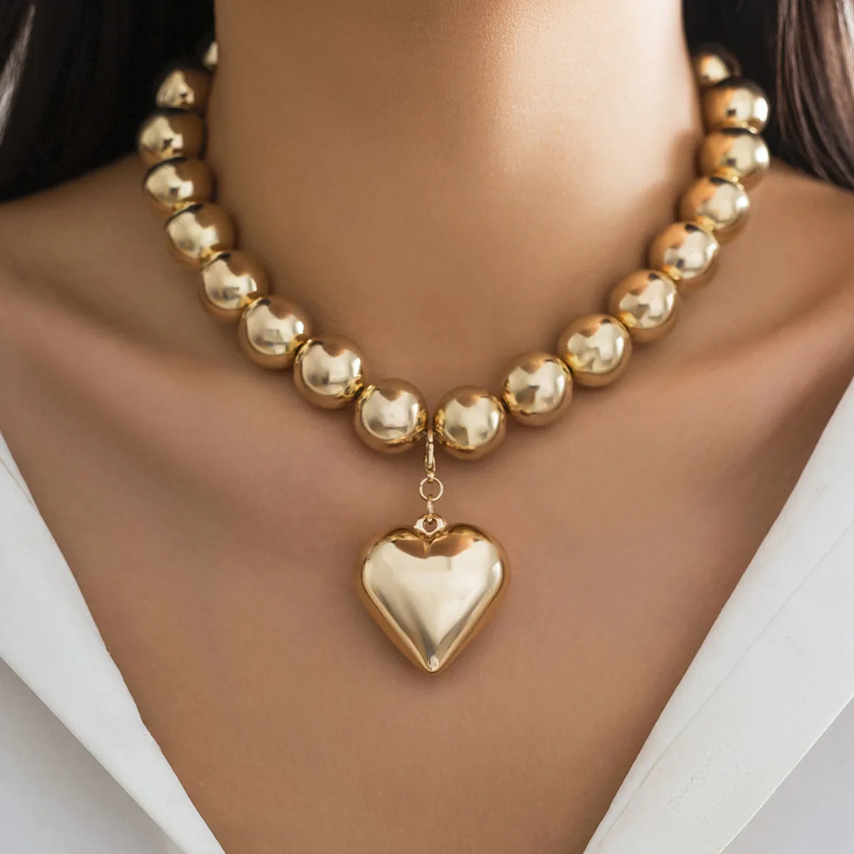 Big Beaded Chain Necklace with Heart Pendant