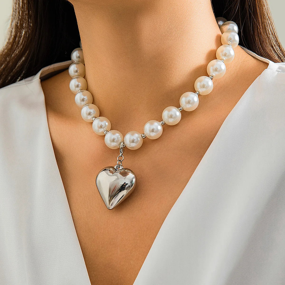 Big Beaded Chain Necklace with Heart Pendant