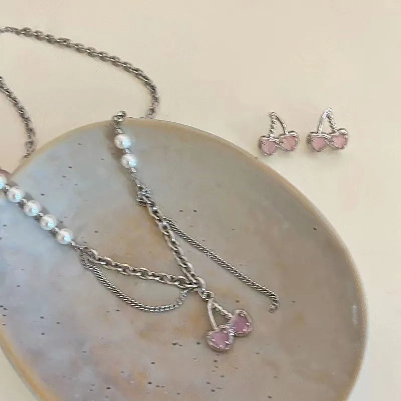 Pink Crystal Cherry Pendant Necklace