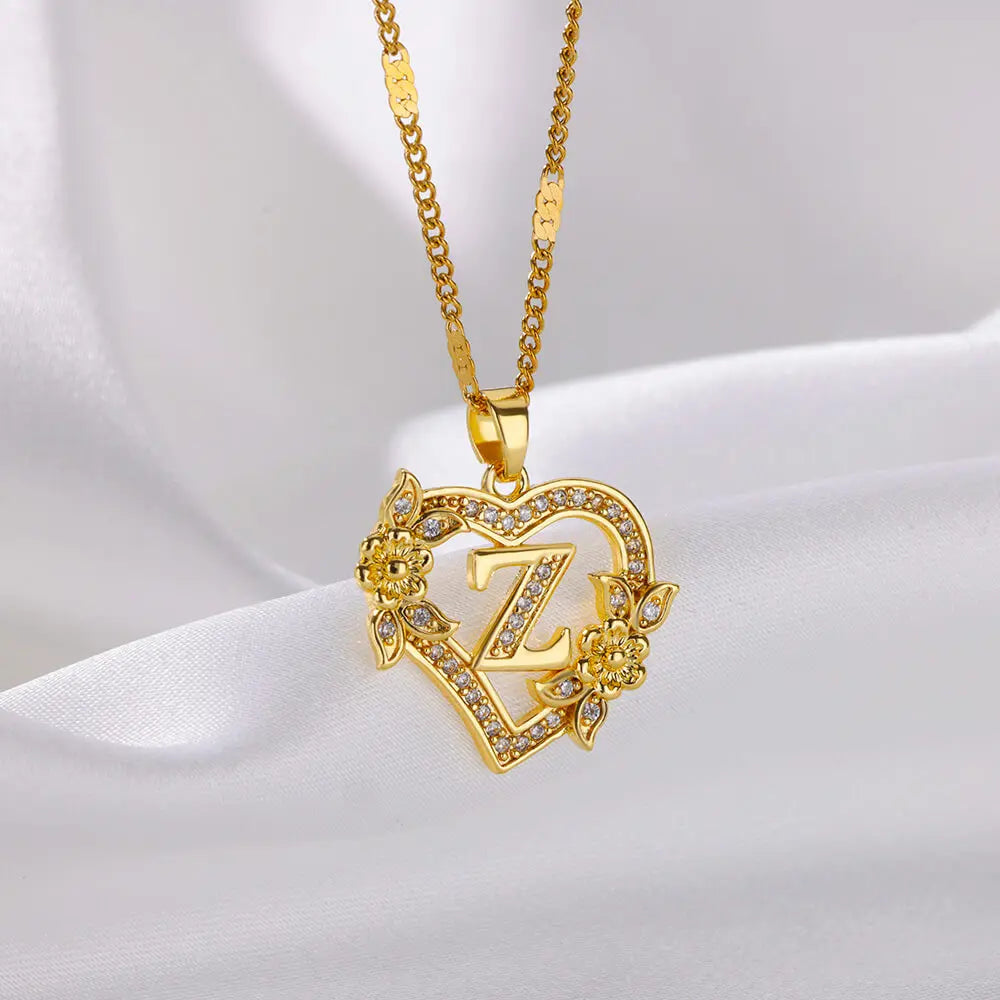 Zircon Flower Heart Initials Necklace
