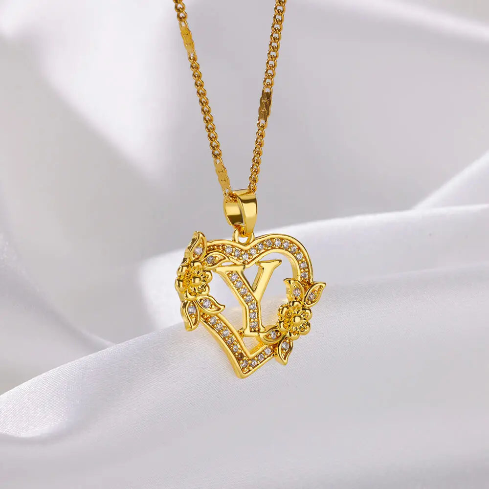Zircon Flower Heart Initials Necklace