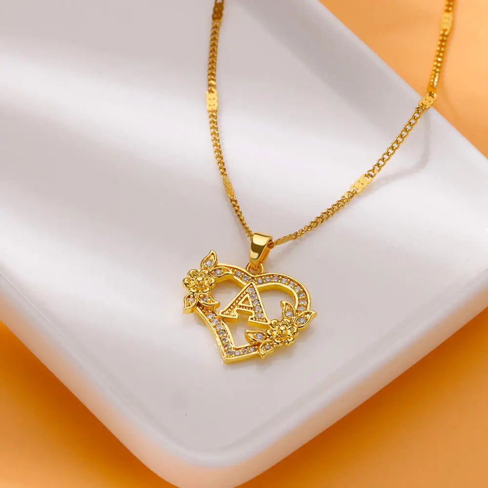 Zircon Flower Heart Initials Necklace