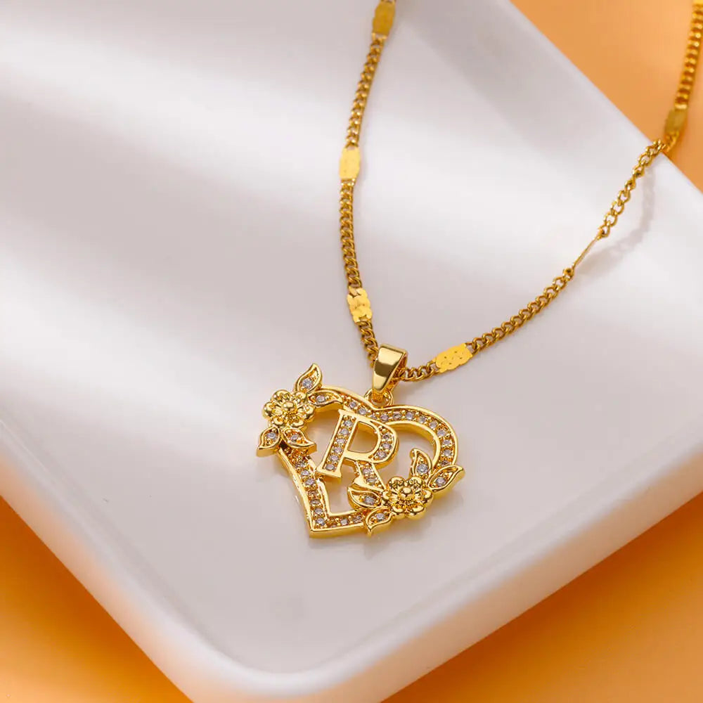 Zircon Flower Heart Initials Necklace