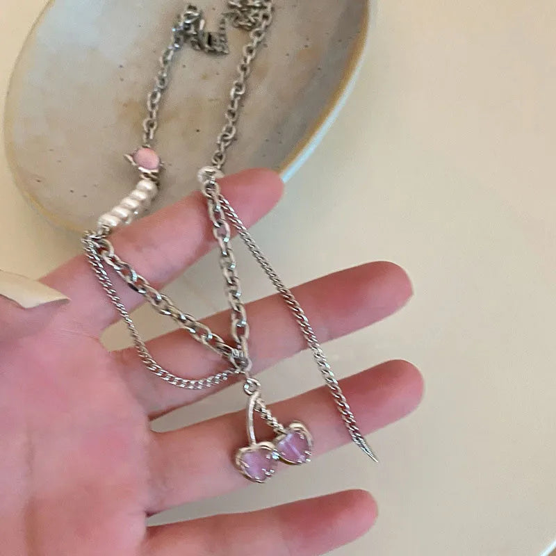 Pink Crystal Cherry Pendant Necklace