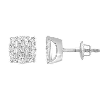 LADIES EARRINGS 0.33CT ROUND/BAGUETTE DIAMOND 10K WHITE GOLD