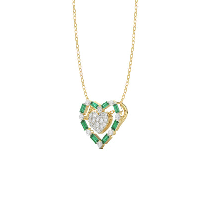 LADIES PENDANT 0.35CT ROUND/GREEN EMERALD BAGUETTE DIAMOND 14K YELLOW GOLD