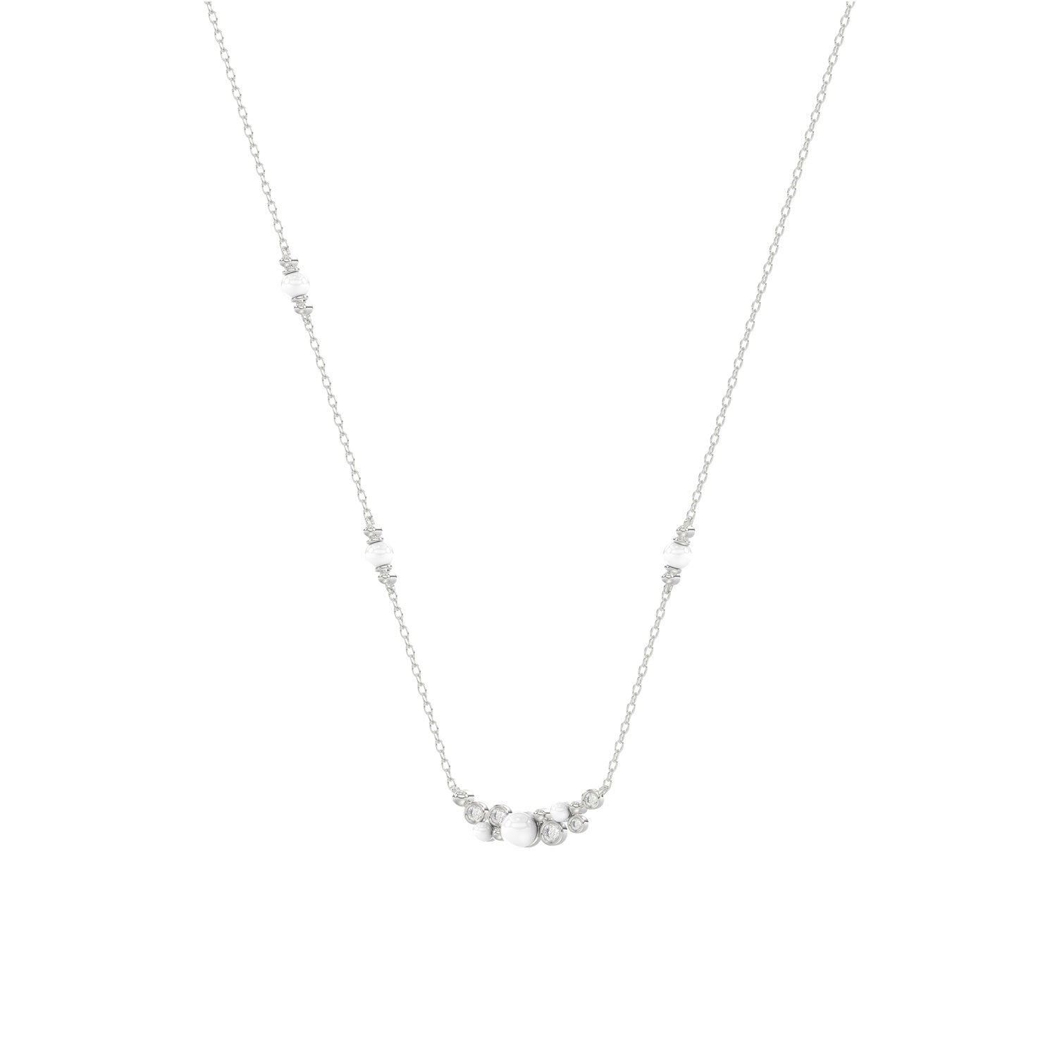 14K White Gold 0.16Ct Ladies Pearl Necklace  Round Diamond Bezel Design