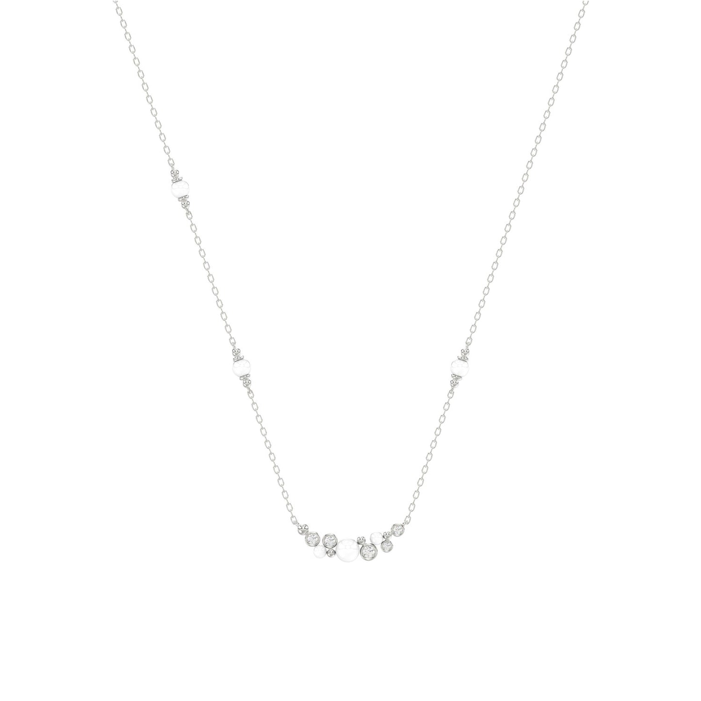 14K White Gold 0.16Ct Ladies Pearl Necklace  Round Diamond Bezel Design