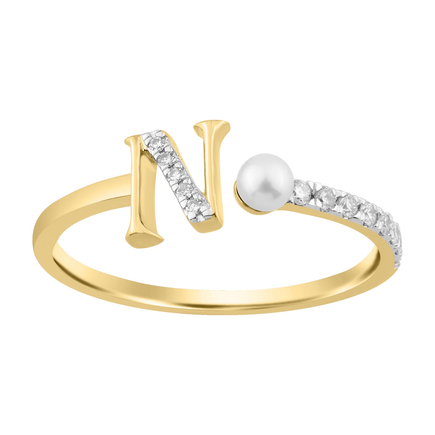 Women’S 10K Yellow Gold Letter “N” Diamond & Pearl Ring 0.10Ct Round Diamond Fine Jewelry