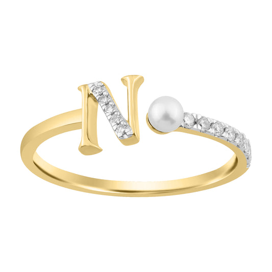 Women’S 10K Yellow Gold Letter “N” Diamond & Pearl Ring 0.10Ct Round Diamond Fine Jewelry