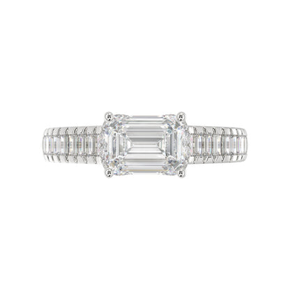 LADIES RING 3CT ROUND/EMERALD/BAGUETTE DIAMOND 14K WHITE GOLD (CENTER STONE EMERALD DIAMOND 2.00CT)
