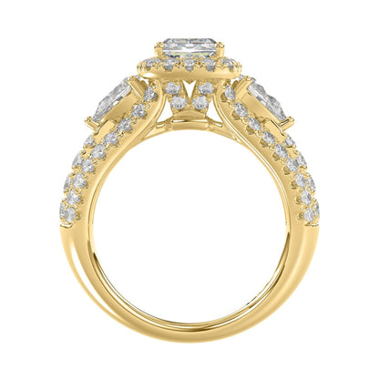 Ladies 14K Yellow Gold 3 1/2CT Featuring Fashion Ring  with Round, Pear & Cushion Diamond 2.00CT  Cushion  Center stone (Color F-G -Clarity VS1/VS2)