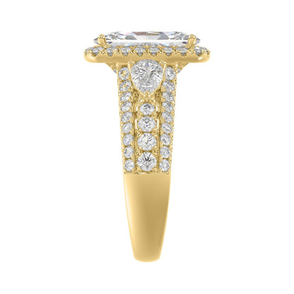 Ladies 14K Yellow Gold 3 1/2CT Featuring Fashion Ring  with Round, Pear & Cushion Diamond 2.00CT  Cushion  Center stone (Color F-G -Clarity VS1/VS2)
