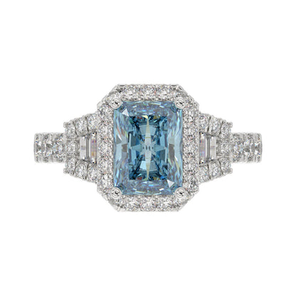 14K WHITE GOLD 2 3/4CT ROUND/BAGUETTE/RADIANT DIAMOND LADIES RING (CENTER STONE BLUE RADIANT DIAMOND 2.00CT)