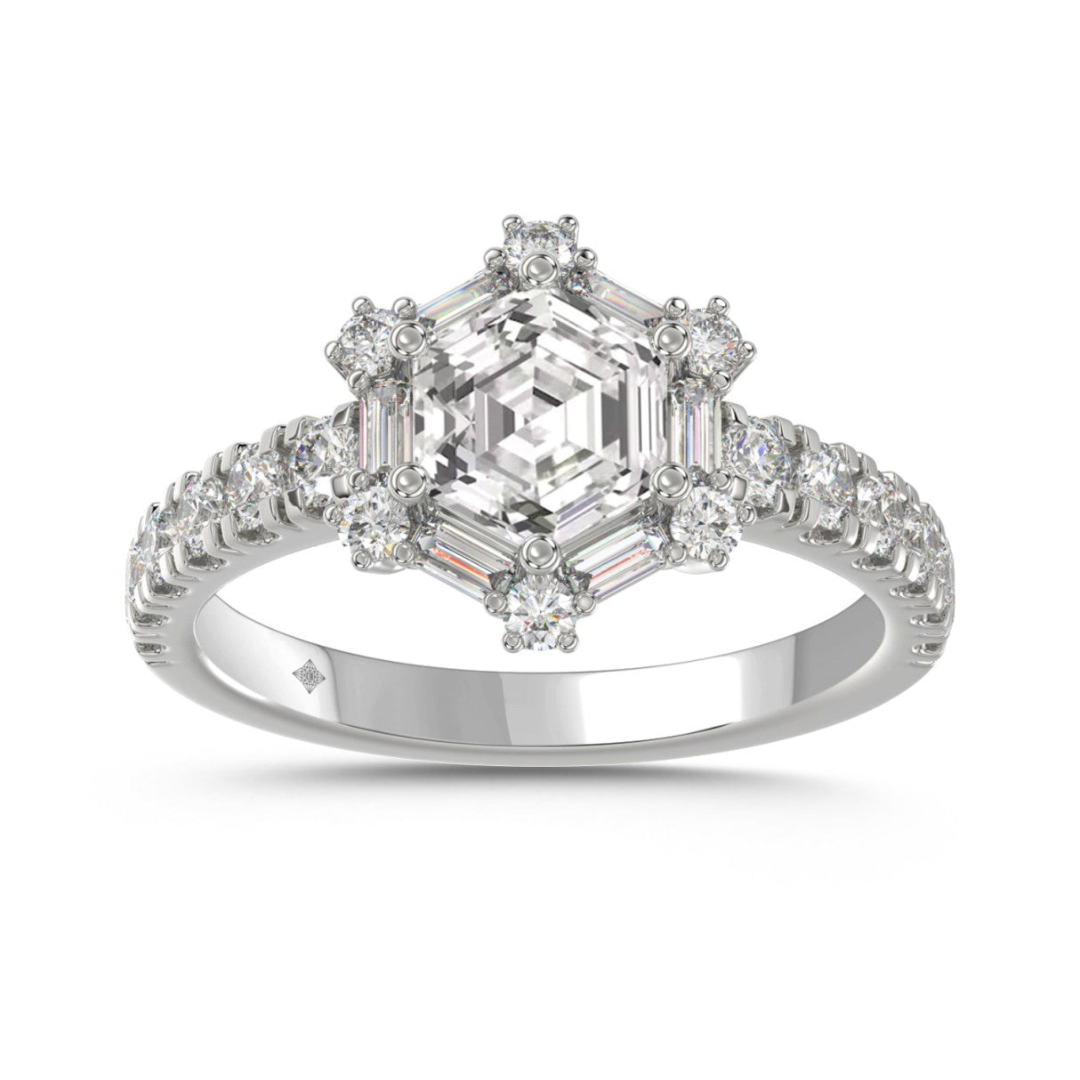14K WHITE GOLD 1 3/4CT ROUND/BAGUETTE/HEZAGON STEP CUT DIAMOND LADIES RING