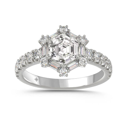 14K WHITE GOLD 1 3/4CT ROUND/BAGUETTE/HEZAGON STEP CUT DIAMOND LADIES RING