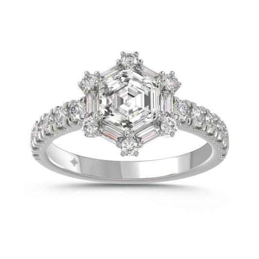 14K WHITE GOLD 1 3/4CT ROUND/BAGUETTE/HEZAGON STEP CUT DIAMOND LADIES RING