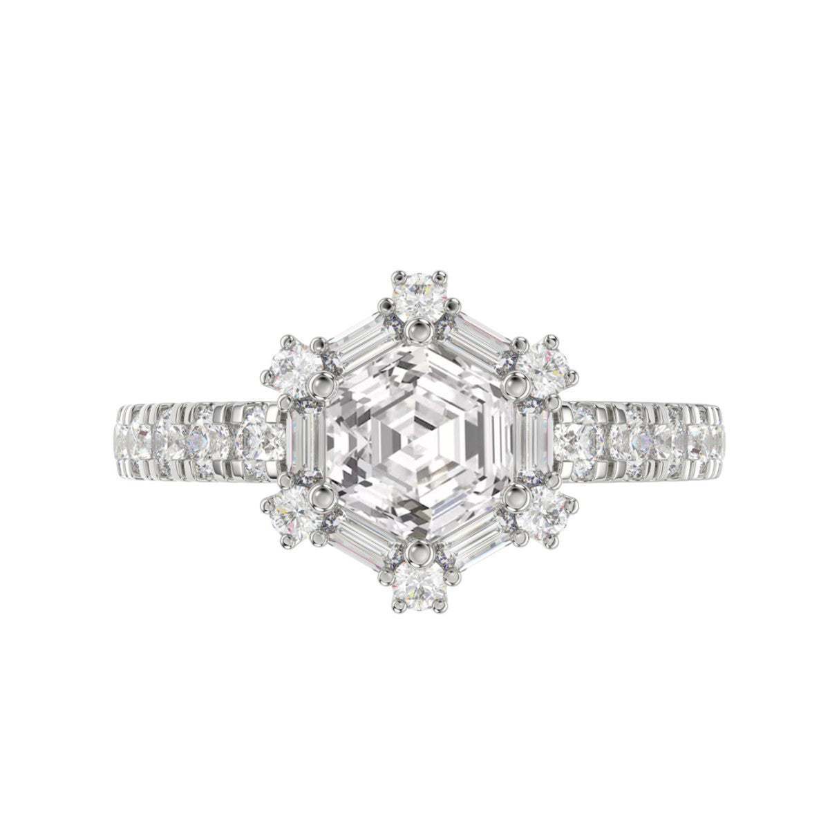 14K WHITE GOLD 1 3/4CT ROUND/BAGUETTE/HEZAGON STEP CUT DIAMOND LADIES RING