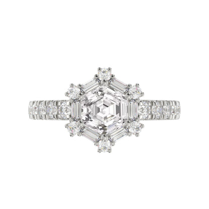 14K WHITE GOLD 1 3/4CT ROUND/BAGUETTE/HEZAGON STEP CUT DIAMOND LADIES RING
