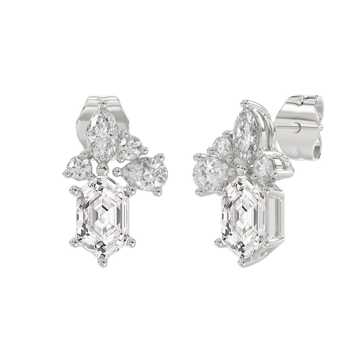 14K WHITE GOLD 1 1/2CT ROUND/MARQUISE/PEAR/HEXAGON STEP CUT LADIES EARRINGS