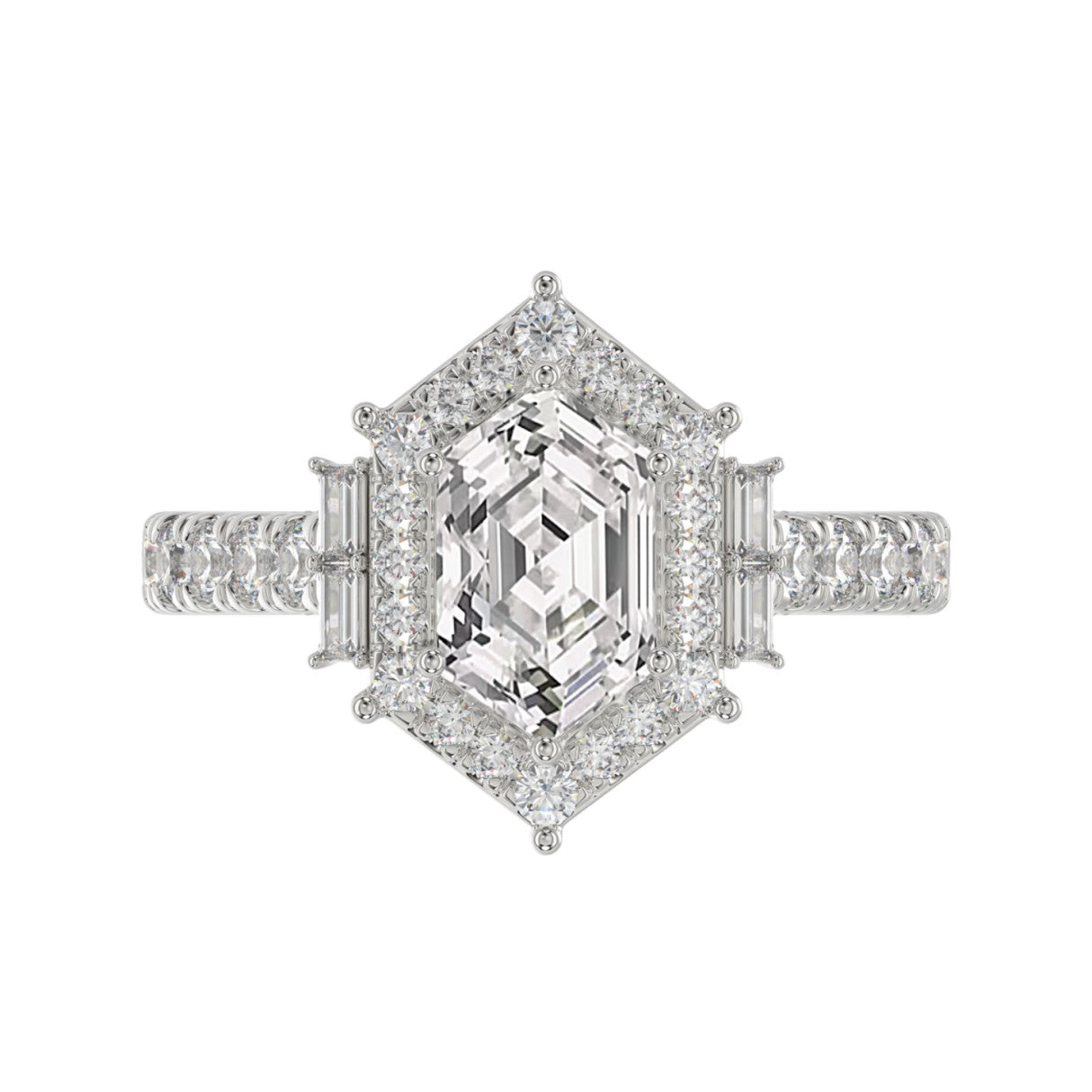 14K WHITE GOLD 2 1/4CT ROUND/BAGUETTE/HEXAGON DIAMOND LADIES RING