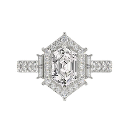 14K WHITE GOLD 2 1/4CT ROUND/BAGUETTE/HEXAGON DIAMOND LADIES RING