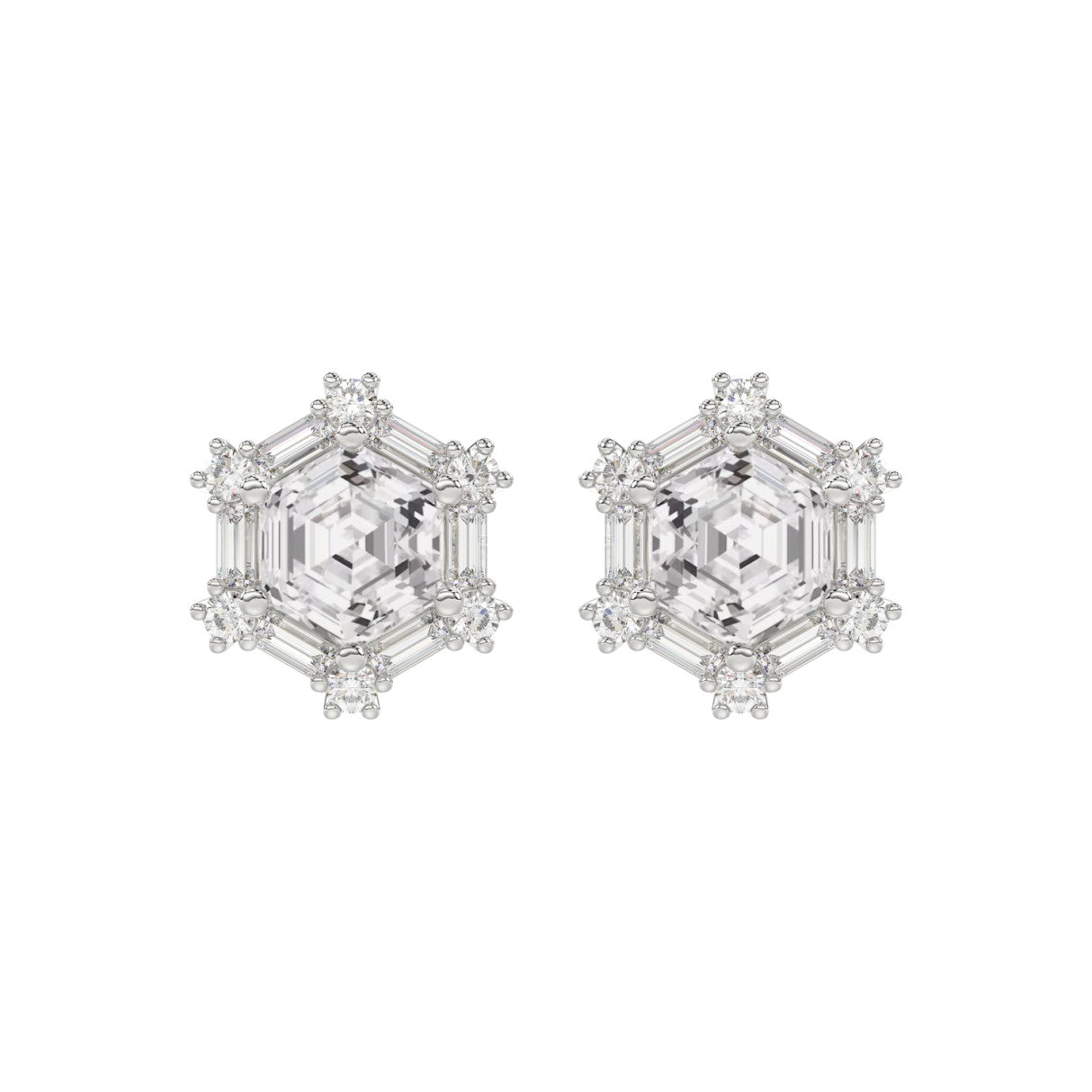 14K WHITE GOLD 1 1/4CT ROUND/BAGUETTE/HEZAGON STEP CUT DIAMOND LADIES EARRINGS