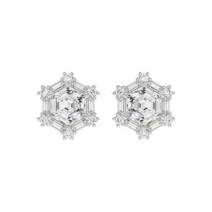 14K WHITE GOLD 1 1/4CT ROUND/BAGUETTE/HEZAGON STEP CUT DIAMOND LADIES EARRINGS