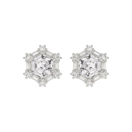 14K WHITE GOLD 1 1/4CT ROUND/BAGUETTE/HEZAGON STEP CUT DIAMOND LADIES EARRINGS