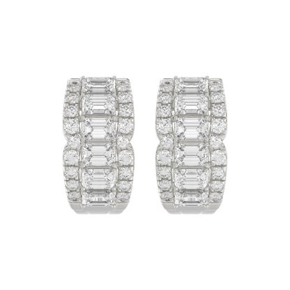 14K WHITE GOLD 1 3/4CT ROUND/EMERALD DIAMOND HOOP EARRINGS