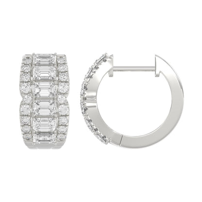 14K WHITE GOLD 1 3/4CT ROUND/EMERALD DIAMOND HOOP EARRINGS