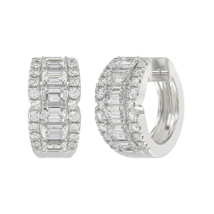 14K WHITE GOLD 1 3/4CT ROUND/EMERALD DIAMOND HOOP EARRINGS