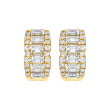 14K YELLOW GOLD 1 3/4CT ROUND/EMERALD DIAMOND HOOP EARRINGS