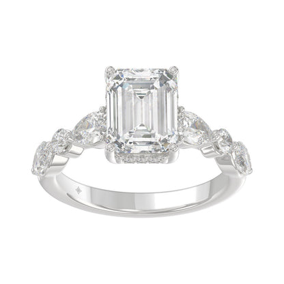 14K White Gold Emerald Cut Diamond Classic Bridal Ring for Ladies 4.00CT with Pear Round &amp; Marquise Diamond 3.00CT Emerald Center stone (Color F-G -Clarity VS1/VS2)