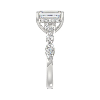 14K White Gold Emerald Cut Diamond Classic Bridal Ring for Ladies 4.00CT with Pear Round &amp; Marquise Diamond 3.00CT Emerald Center stone (Color F-G -Clarity VS1/VS2)