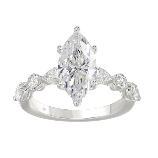 14K White Gold  Bridal Fashion Ring for Ladies 4CT Round &amp; Marquise&amp; Pear Cut Diamonds 3.00CT Marquise Center stone (Color F-G -Clarity VS1/VS2)