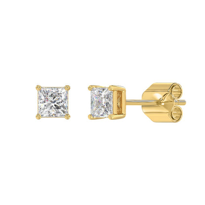 LADIES SOLITAIRE EARRINGS 1CT PRINCESS DIAMOND 14K YELLOW GOLD